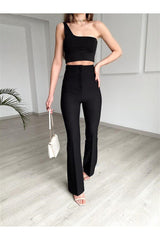 Kadın Siyah Yüksek Bel Ispanyol Paça Pantolon Siyah