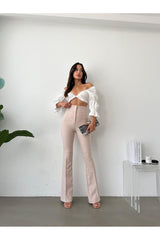 Mink Color, Slim Cut, Decorative Pocket, Extra High Waist, Flared Leg, Slimming Trousers