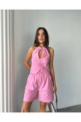 Women's New Season Trend Premium Quality 100% Cotton Linen Blouse Shorts Two-Piece Suit 7777