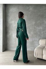 KADIN YENİ SEZON BAĞLAMALI CROP SATEN GÖMLEK PANTOLON İKİLİ TAKIM 777