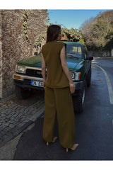 Women's Gold Buttoned Vest and Trousers Two-Piece Suit 777