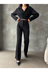 KADIN YENİ SEZON BAĞLAMALI CROP SATEN GÖMLEK PANTOLON İKİLİ TAKIM 777