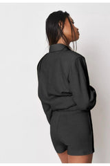 Siyah Yüksek Bel Fitilli Toparlayıcı Mini Şort