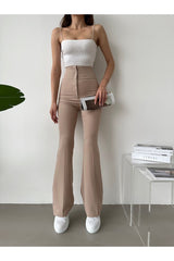 Women's Mink Color, Slim Cut, Decorative Pocket, Extra High Waist, Flared Leg, Slimming Trousers