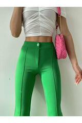 Kadın Yeşil Likralı Önü Dikişli Çimalı Yüksek Bel Pantolon