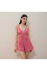Aec Prive çizgili keten tulum kadın, pembe beyaz çizgili rahat yaz kıyafeti