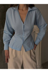 Aec Prive Elizabeth ince belli gömlek açık mavi renk boyunca düğmeli zarif tasarım kadın gömleği