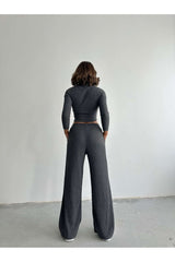 Aec Prive kadin bluz pantolon takim, gri renkli şık uzun paça pantolon ve bluz kombinasyonu