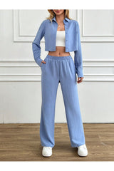 Aec Prive rahat bir görünüm için kadın crop gömlek pantolon takım, açık mavi renk ve şık tasarım