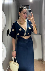 Aec Prive kadın keten bluz etek takımı ile şık görünüm ve modern tarz