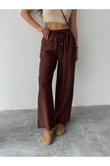 Kahverengi Aec Prive kadın pamuklu palazzo pantolon, rahat kesim ve lastikli bel detayı ile