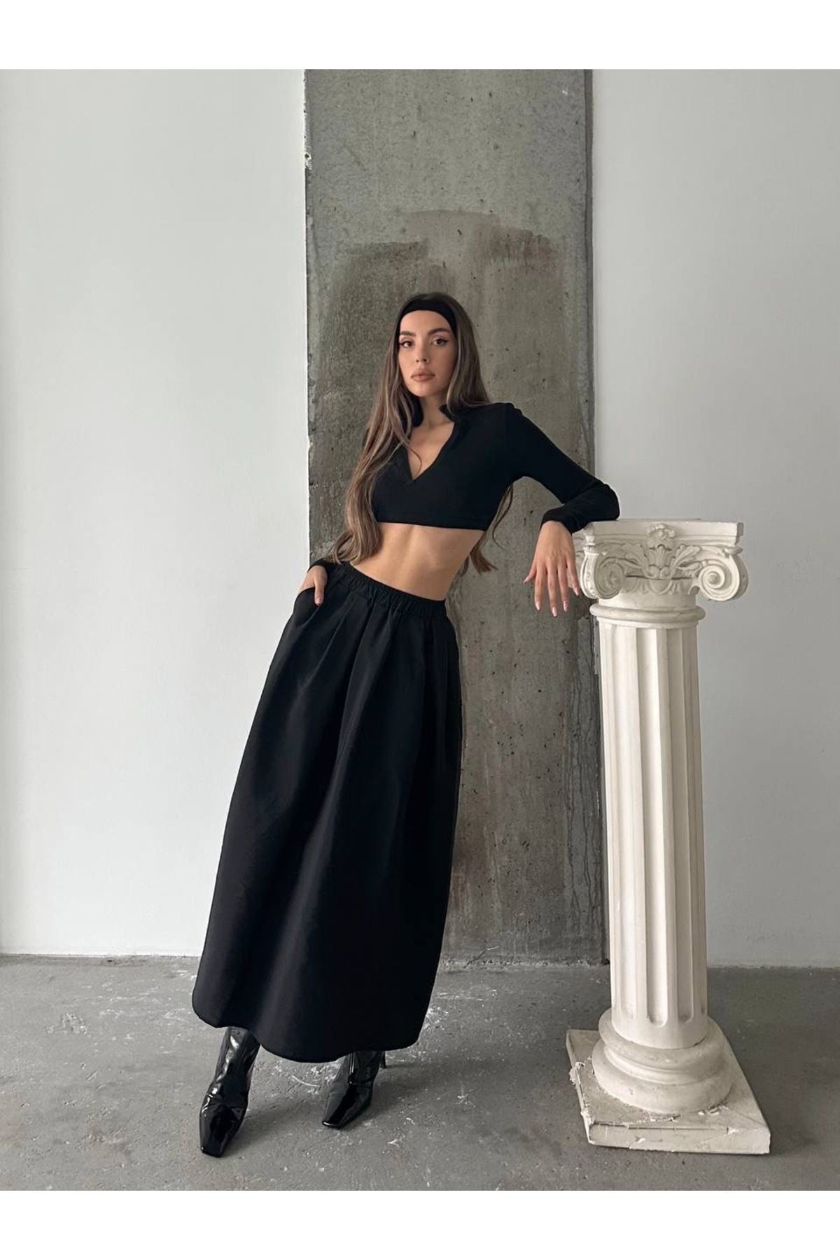 Aec Prive kadın pamuklu uzun etek ile Şık Siyah Üst Kombinasyonu ve Modern Tarzı