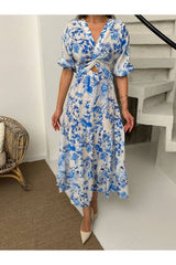 Aec Prive kadın yazlık uzun elbise, mavi çiçek desenli ve şık tasarımıyla göz alıyor