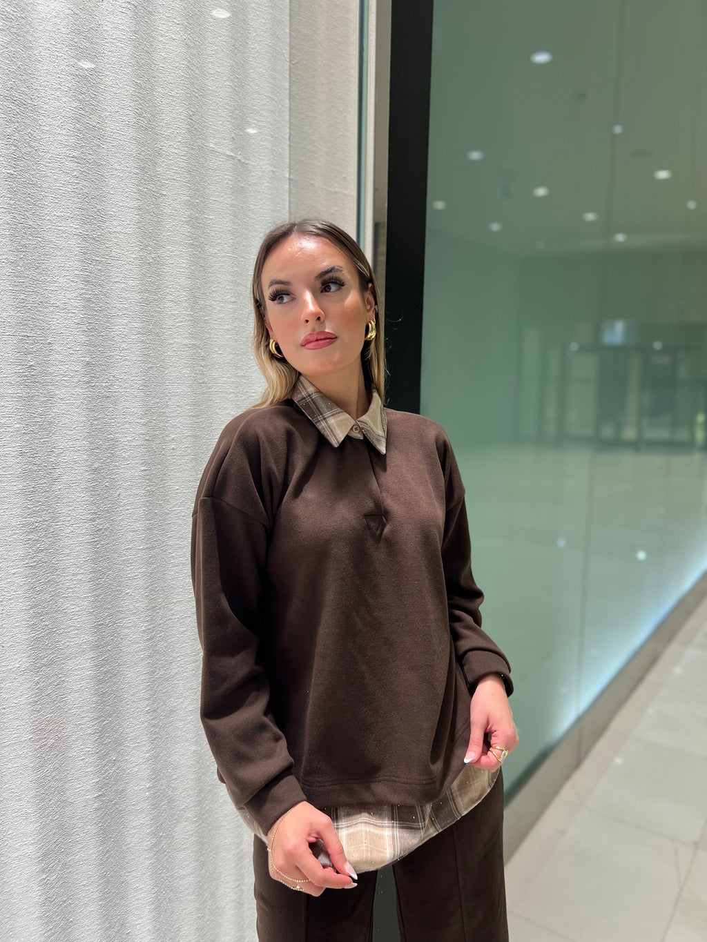 Aec Prive Kadın Taş Baskılı Ekose Sweatshirt Takım
