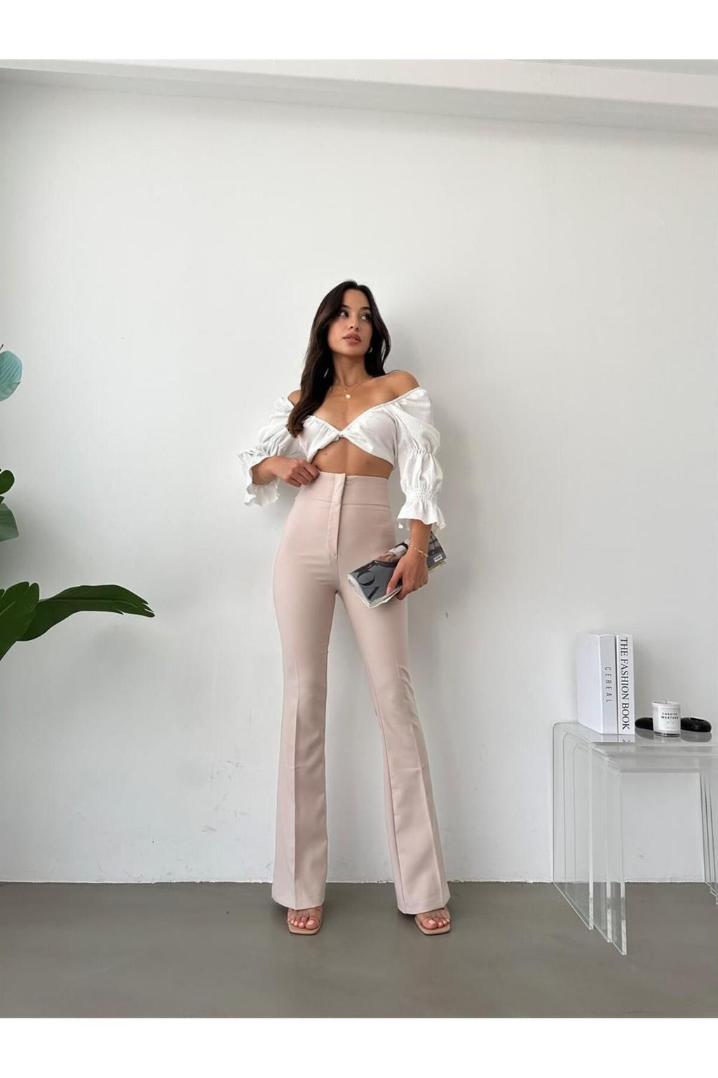 Mink Color, Slim Cut, Decorative Pocket, Extra High Waist, Flared Leg, Slimming Trousers