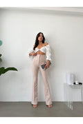 Mink Color, Slim Cut, Decorative Pocket, Extra High Waist, Flared Leg, Slimming Trousers