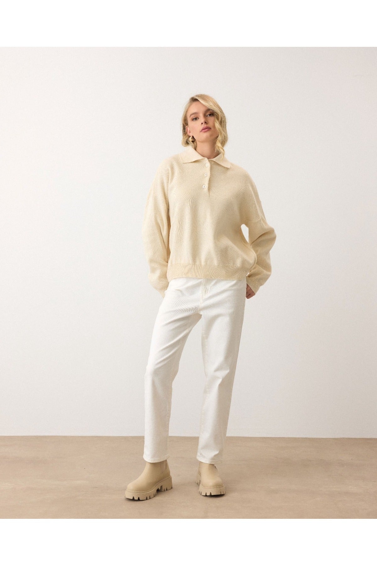 Aec Prive Kadın Polo Yaka Sweatshirt Sarı Renk