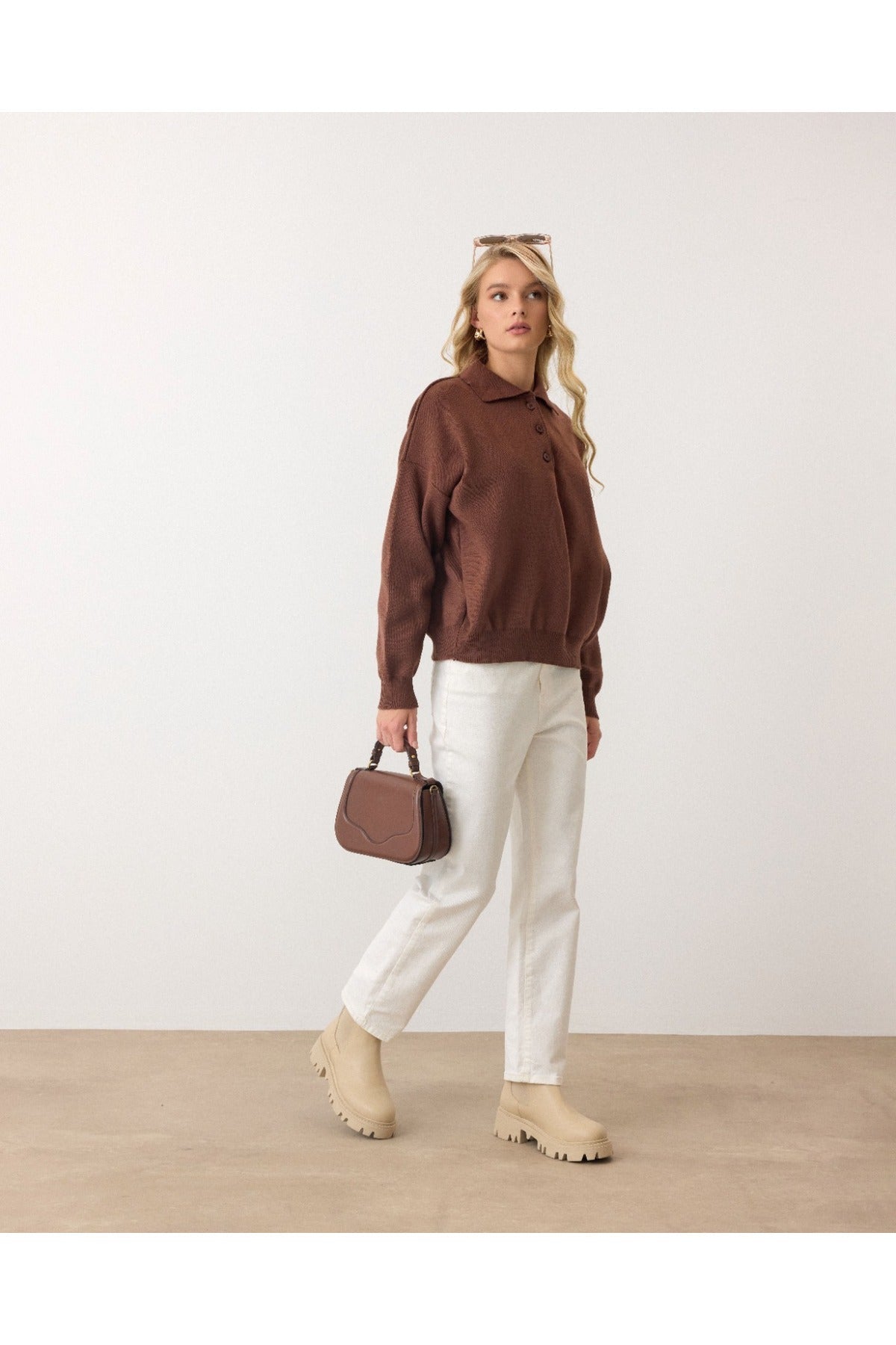 Aec Prive Kadın Polo Yaka Sweatshirt Sarı Renk