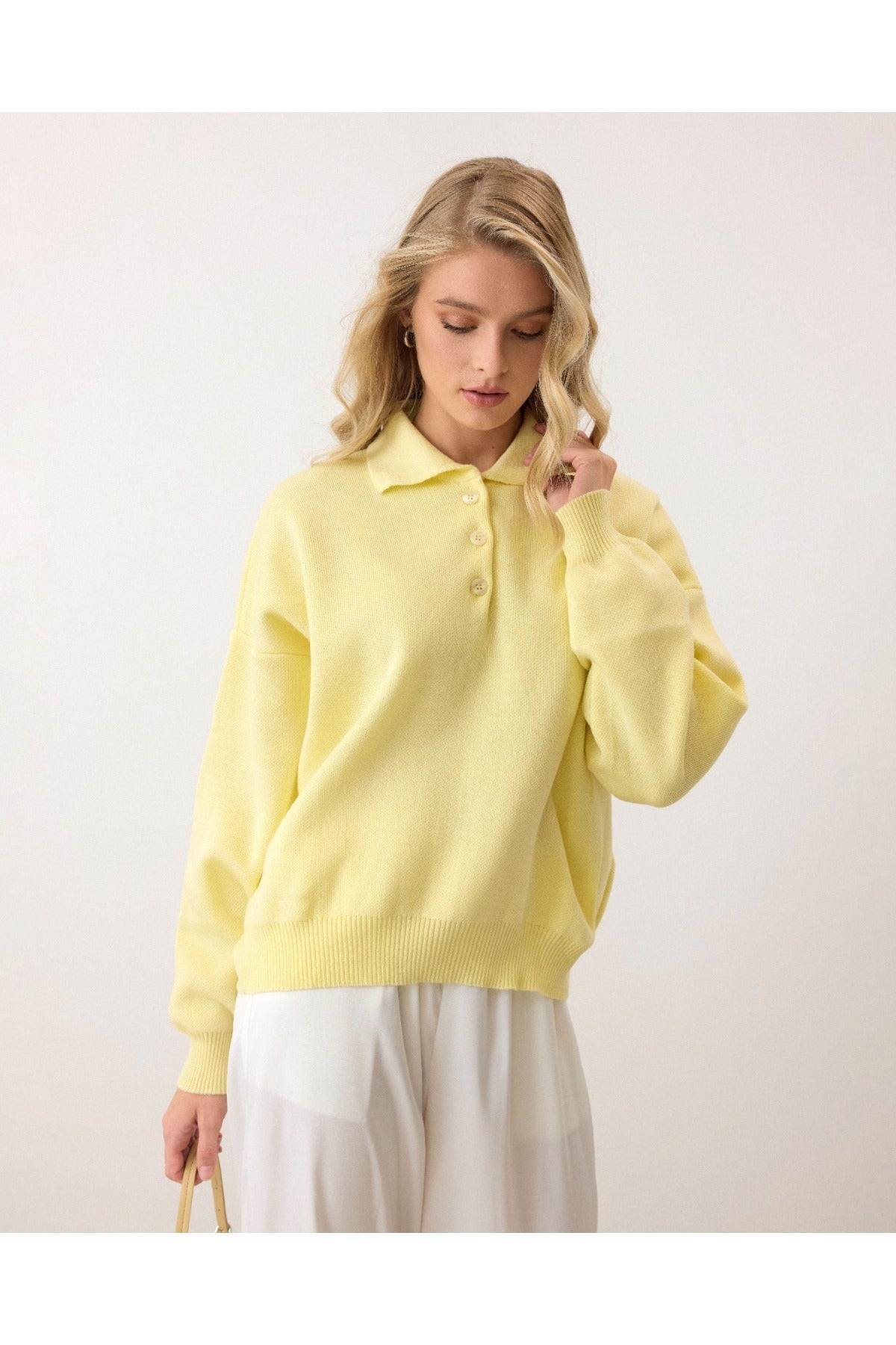 Aec Prive Kadın Polo Yaka Sweatshirt Sarı Renk