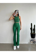 Women's Green High Waist Ribbed Flared Leggings Trousers