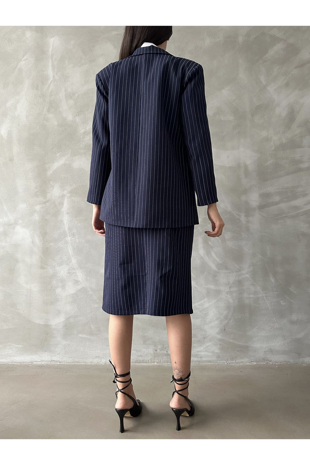 Aec Prive Kadın Çizgili Oversize Blazer Etek Takım