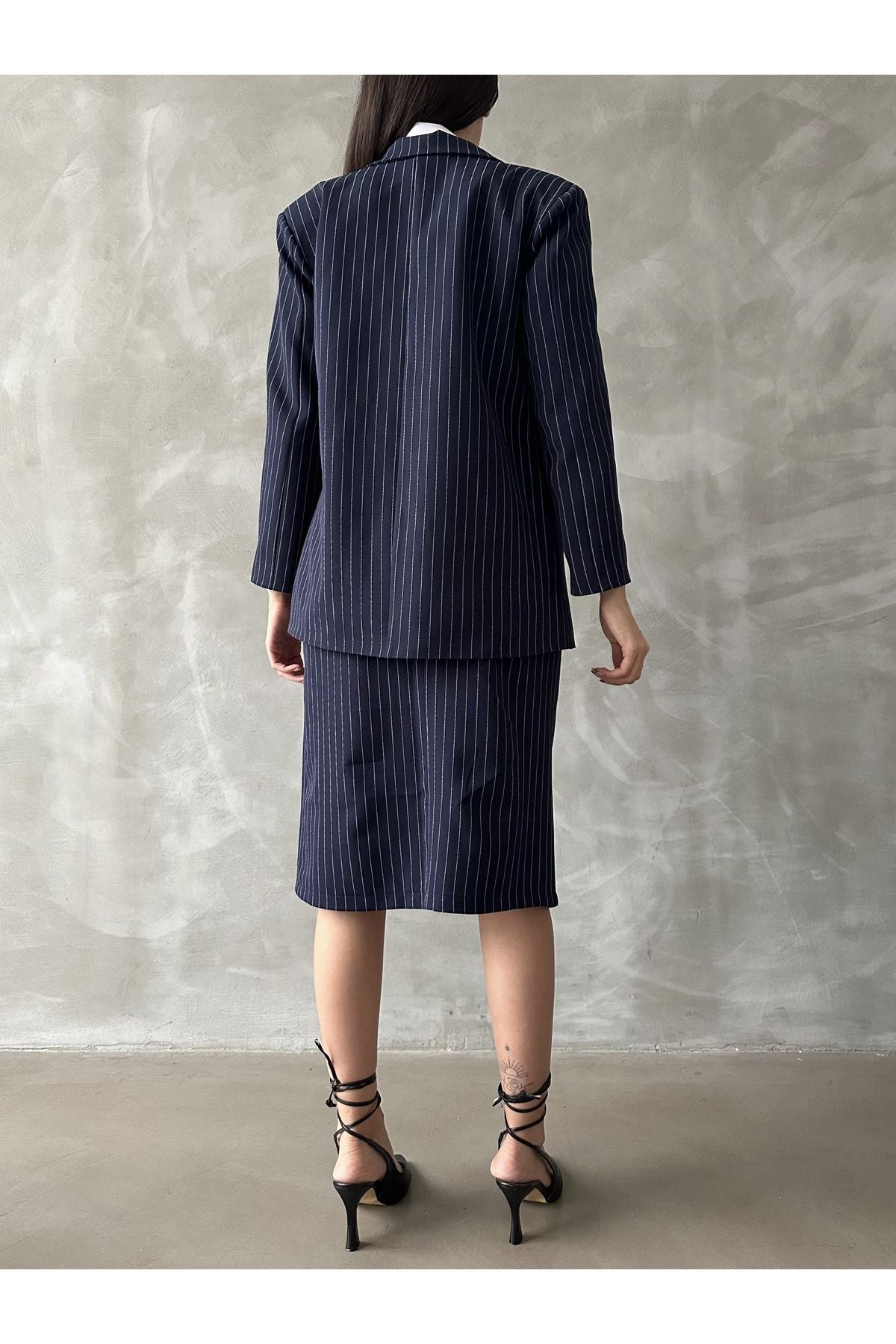 Aec Prive Kadın Çizgili Oversize Blazer Etek Takım