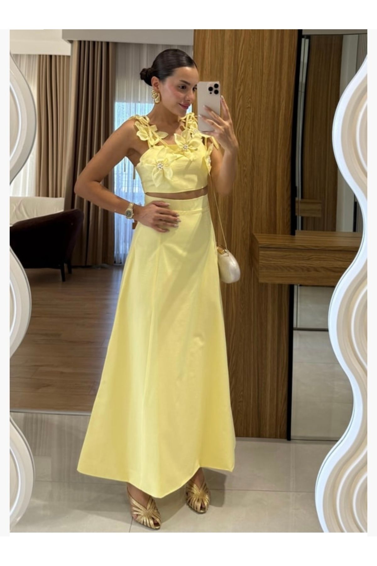 KADIN YENİ SEZON PREMİUM KALİTE BUTTER YELLOW ÖZEL TASARIM ÇİÇEKLİ BLUZ ETEK TAKIM 777