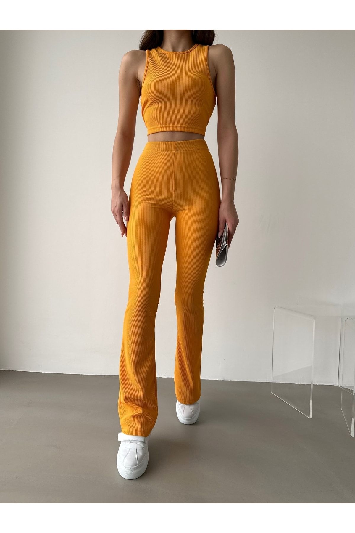 Women's Orange High Waist Ribbed Bell-bottom Leggings Crop Two-Piece Set