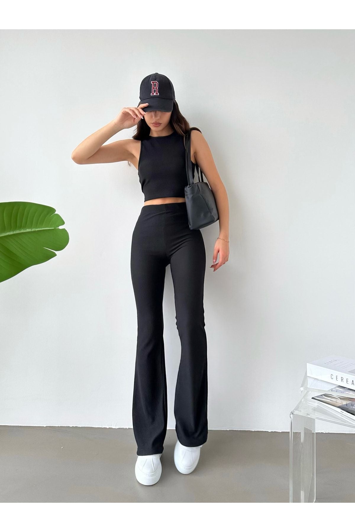 Women's Black High Waist Ribbed Bell-bottom Leggings and Crop Top Set