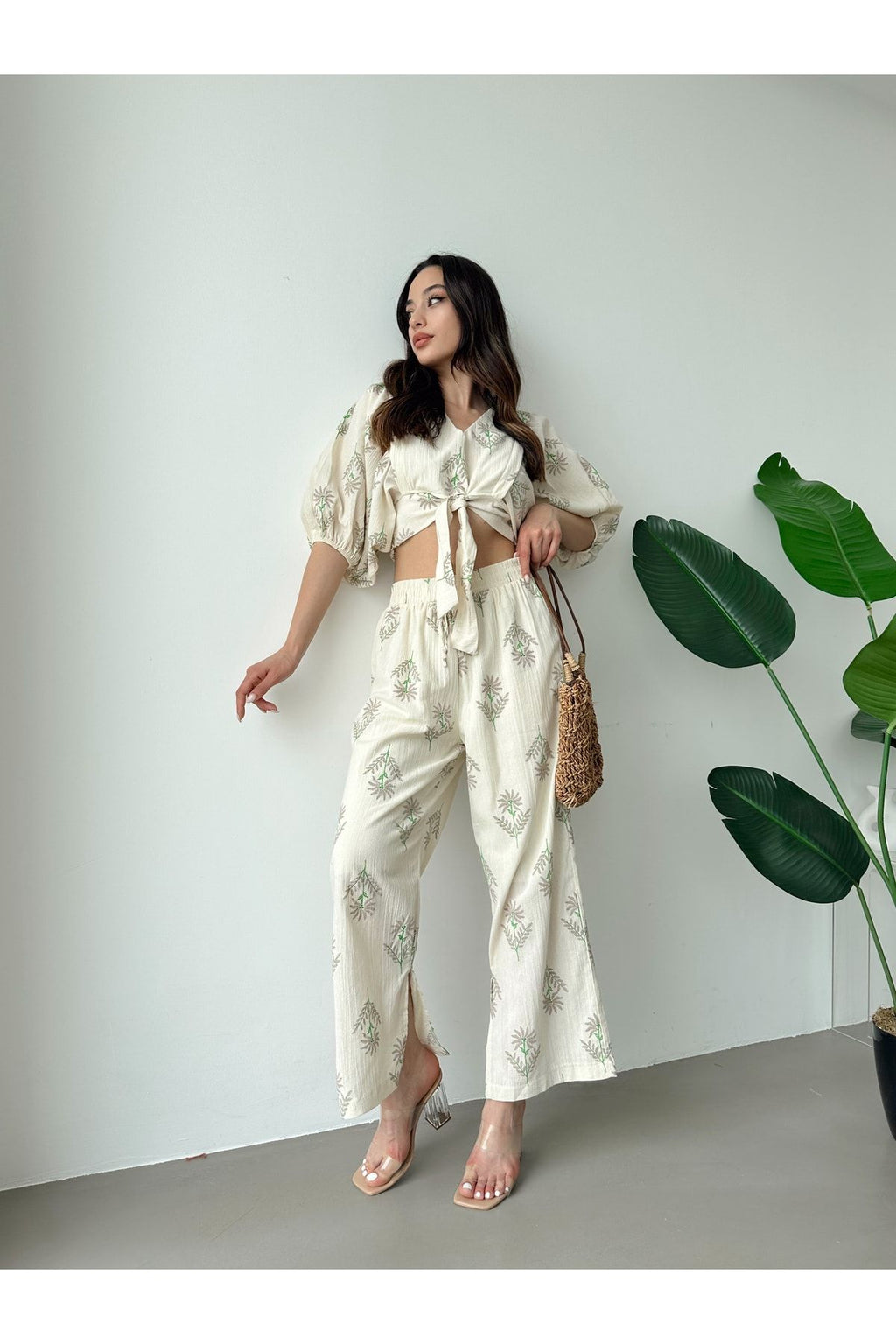 Women's New Season Premium Quality Linen Floral Crop Trousers Two-Piece Suit 55585