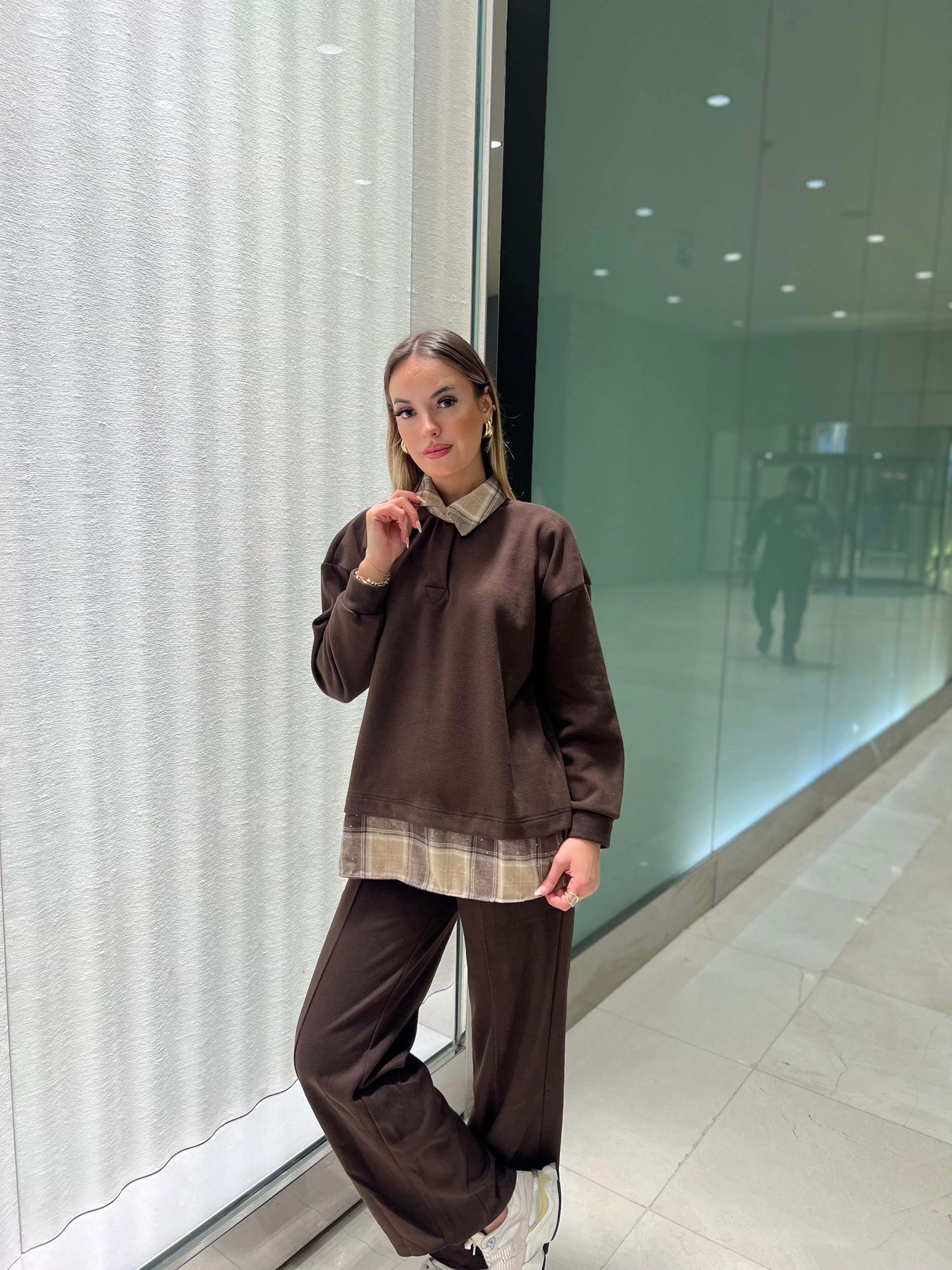 Aec Prive Kadın Taş Baskılı Ekose Sweatshirt Takım