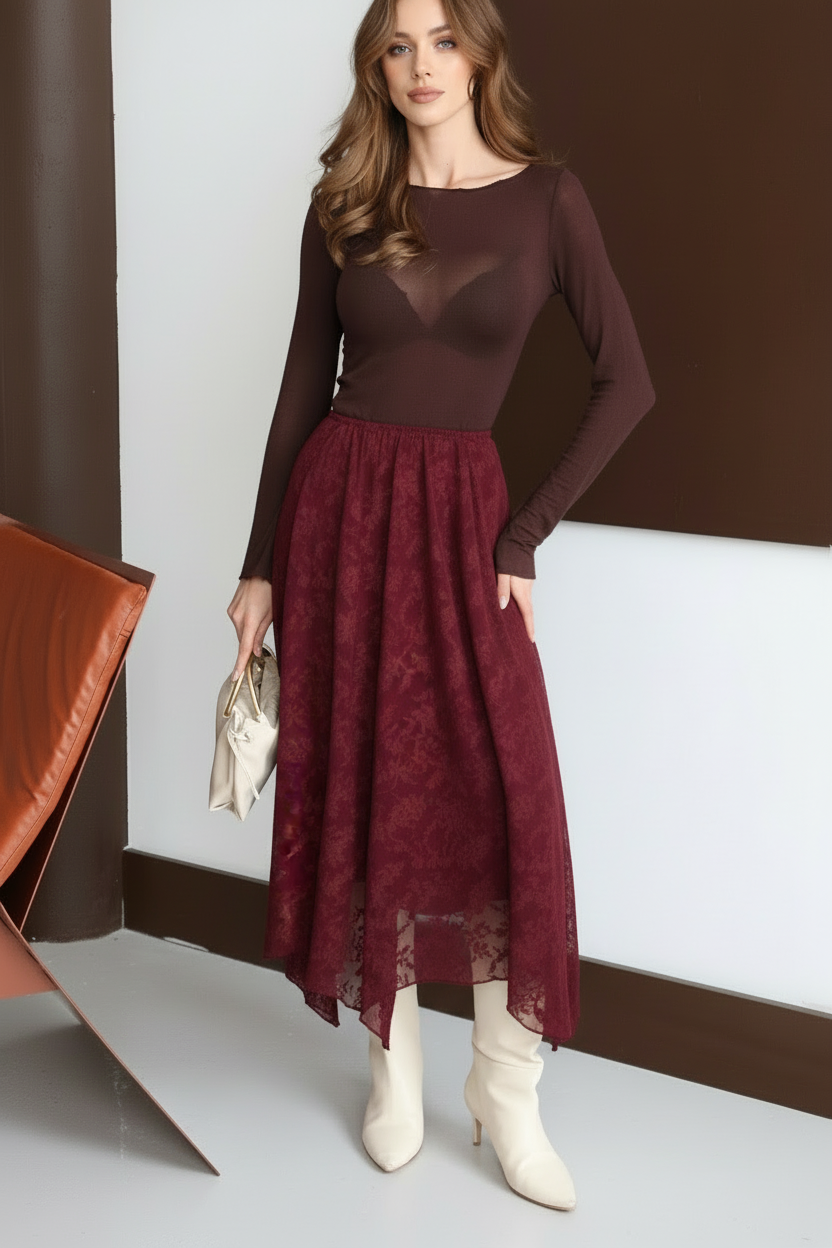 Aec Prive Women's Vintage Velvet Textured Asymmetrical Skirt