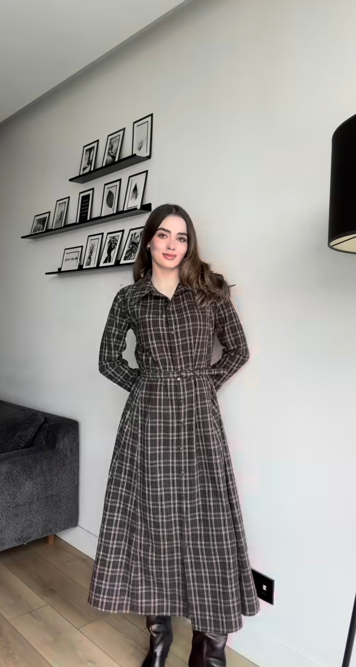 Aec Prive Kadın Ekose Kemerli Uzun Elbise
