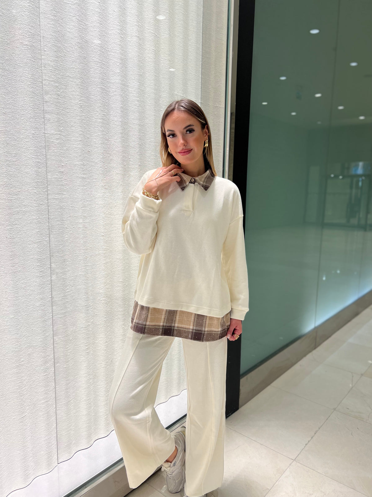 Aec Prive Kadın Taş Baskılı Ekose Sweatshirt Takım