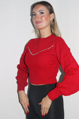 Aec Prive Kadın Kırmızı Taşlı Kazak