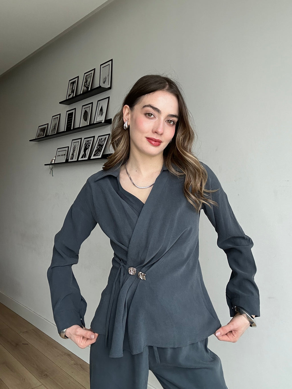 Aec Prive Kadın Gold Düğmeli Özel Tasarım Lüx Bluz Pantolon Takım- 3242