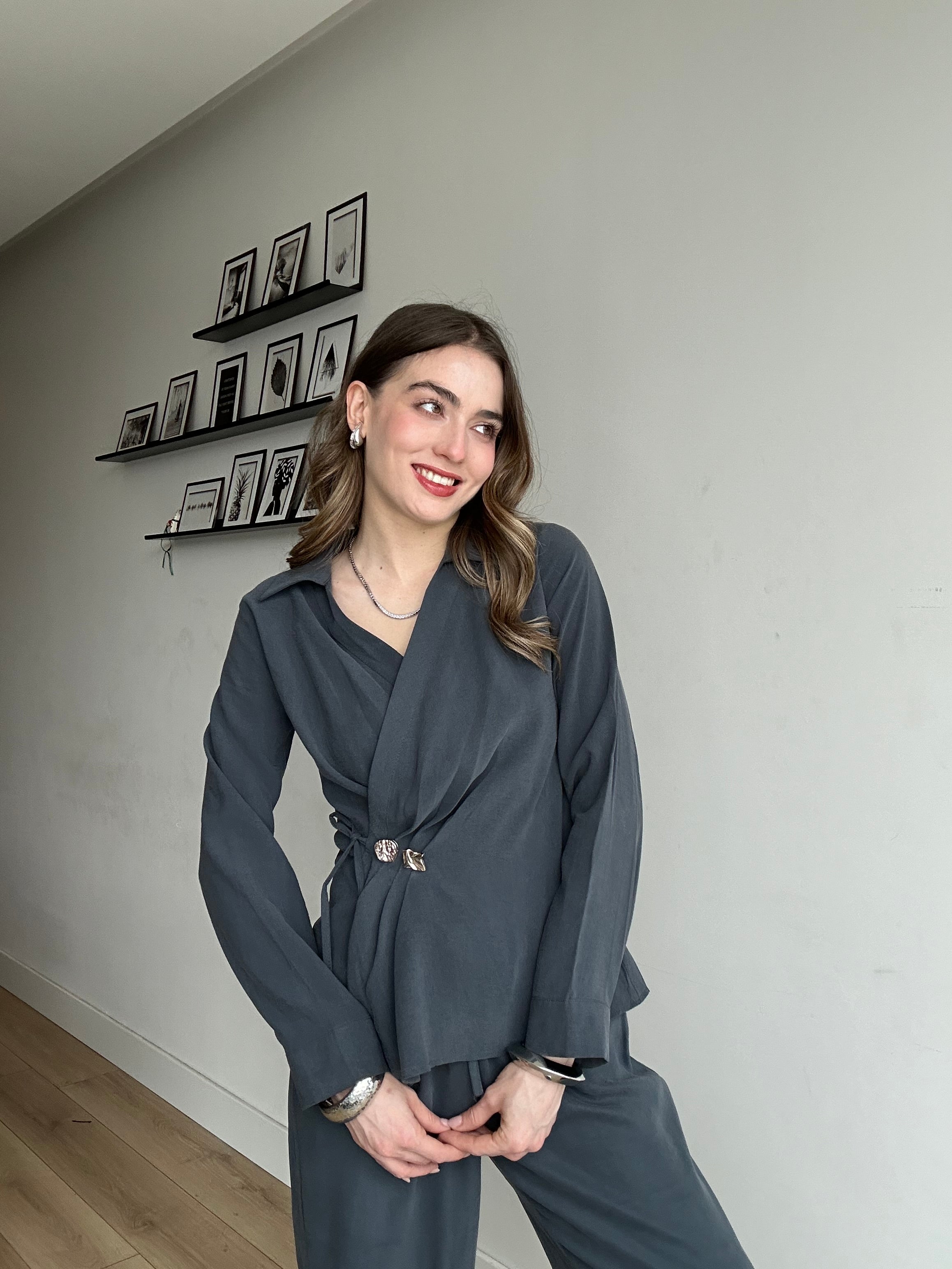 Aec Prive Women's Gold Button Special Design Luxury Blouse and Trousers Set - 3242