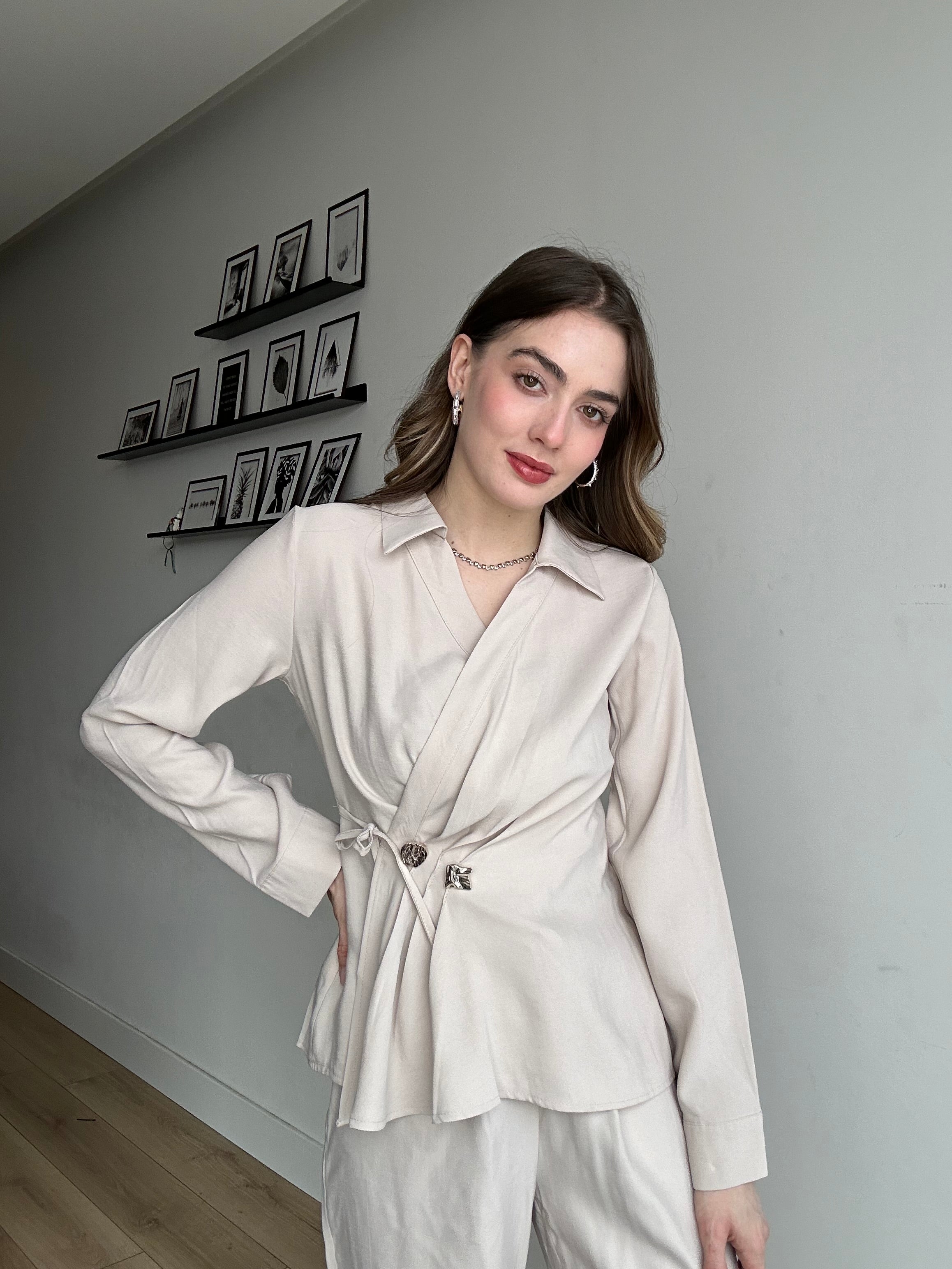 Aec Prive Women's Gold Button Special Design Luxury Blouse and Trousers Set - 3242