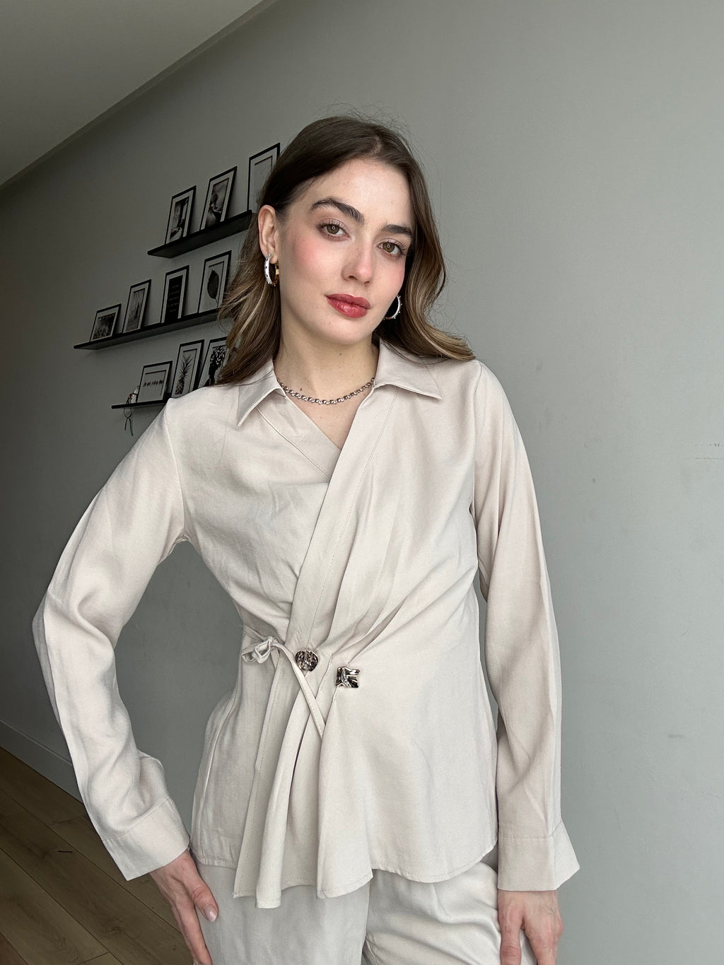 Aec Prive Women's Gold Button Special Design Luxury Blouse and Trousers Set - 3242