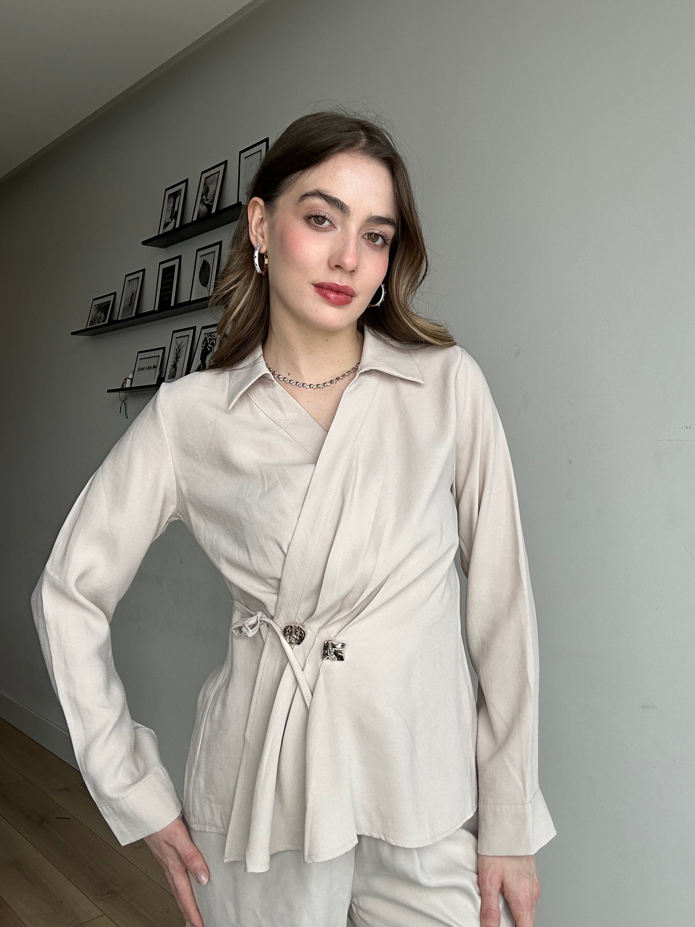 Aec Prive Women's Gold Button Special Design Luxury Blouse and Trousers Set - 3242