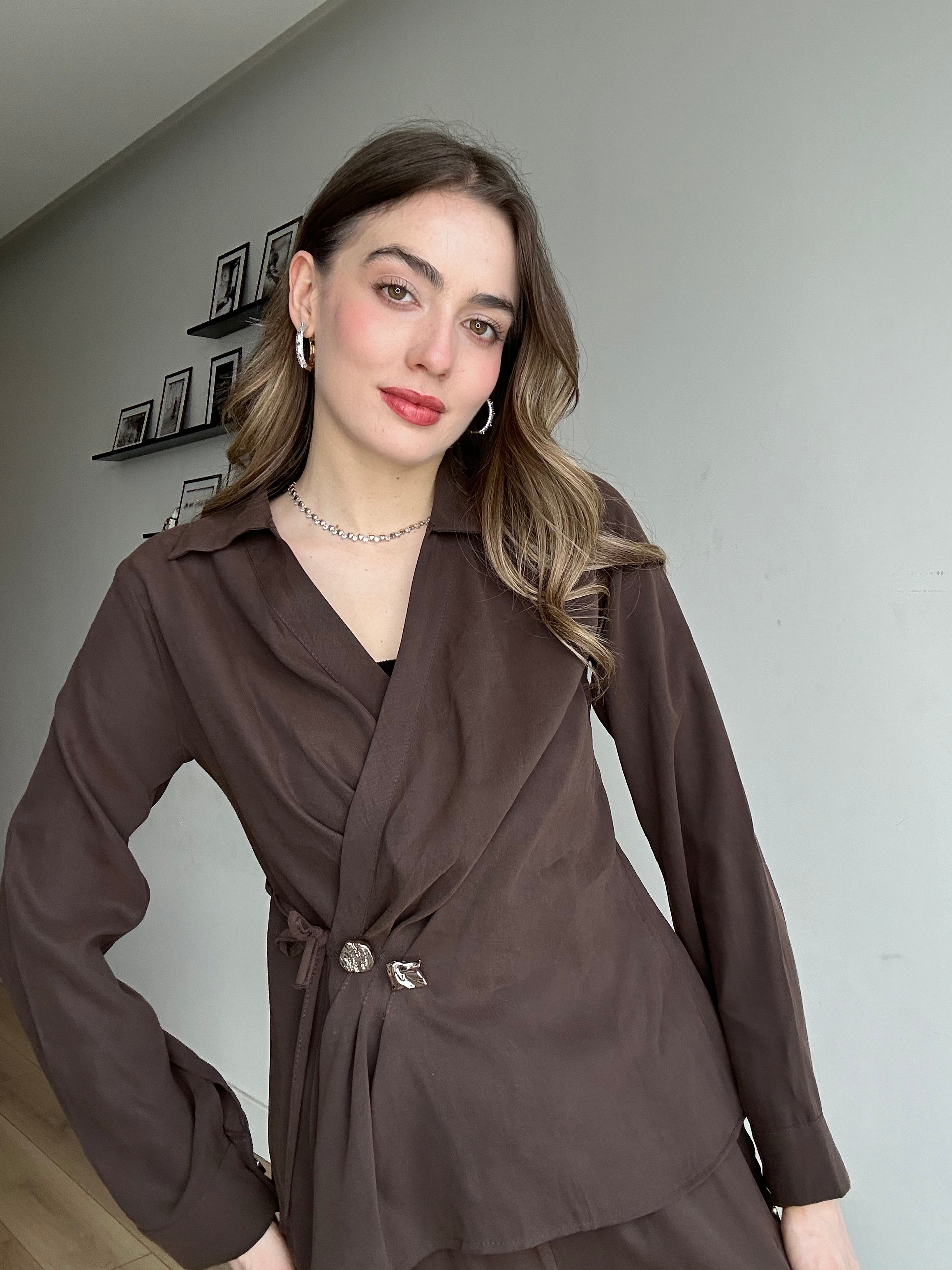 Aec Prive Women's Gold Button Special Design Luxury Blouse and Trousers Set - 3242