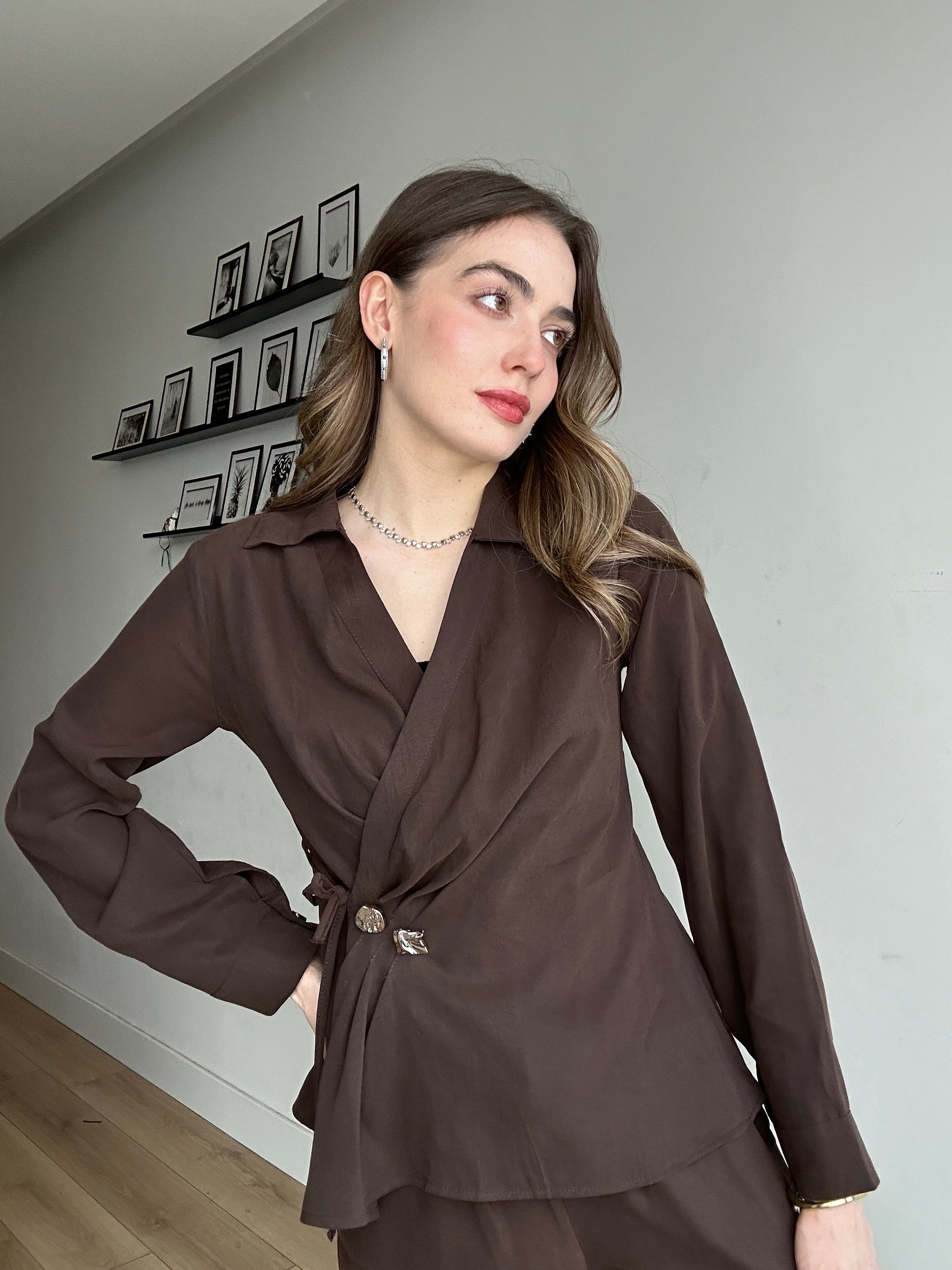 Aec Prive Women's Gold Button Special Design Luxury Blouse and Trousers Set - 3242