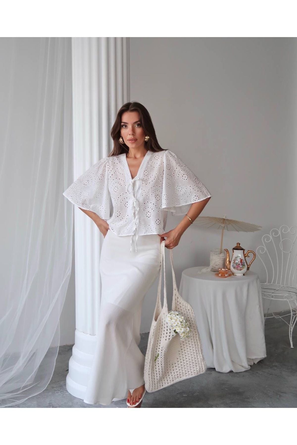 Aec Prive brode kimono kadın gömlek, beyaz dantel detaylı, günlük stil için ideal