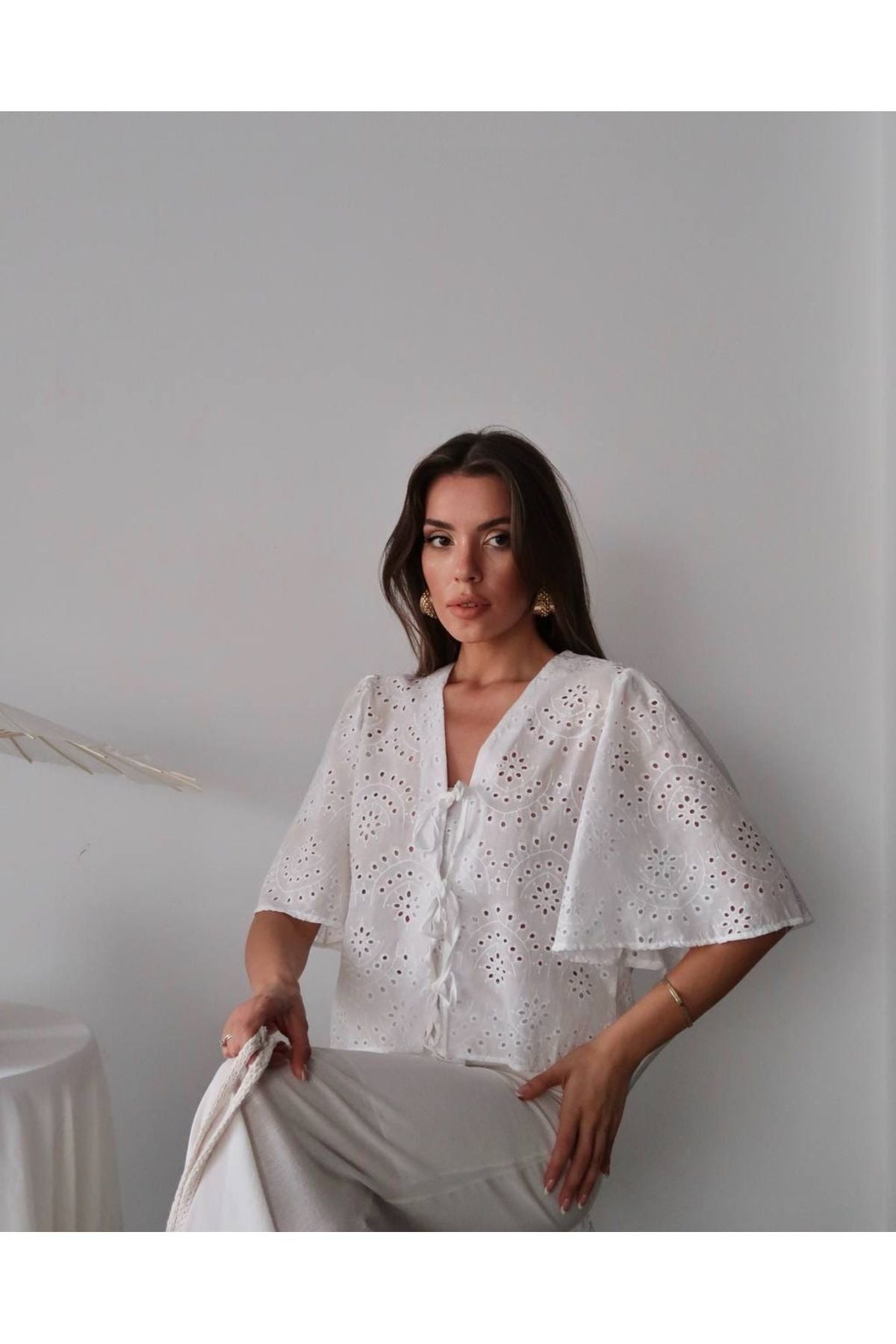 Aec Prive brode kimono kadın gömlek, zarif dantel detaylarıyla şık bir yaz stili