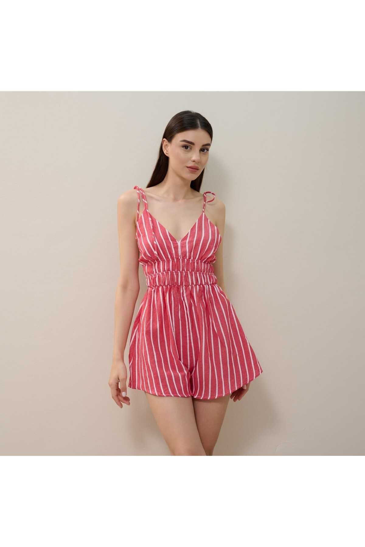 Aec Prive çizgili keten tulum kadın, pembe beyaz çizgili rahat yaz kıyafeti