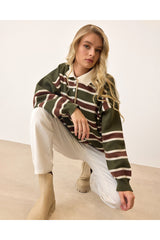 Aec Prive çizgili polo yaka sweatshirt kadın, yeşil-beyaz-mor çizgilerle, rahat ve şık tasarım