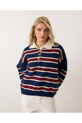 Aec Prive çizgili polo yaka sweatshirt kadın, lacivert ve kırmızı renklerde, rahat kesim