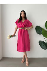 Aec Prive kadın ayrobin uzun elbise, belde kemerli, pembe renk, modern ve şık tasarım