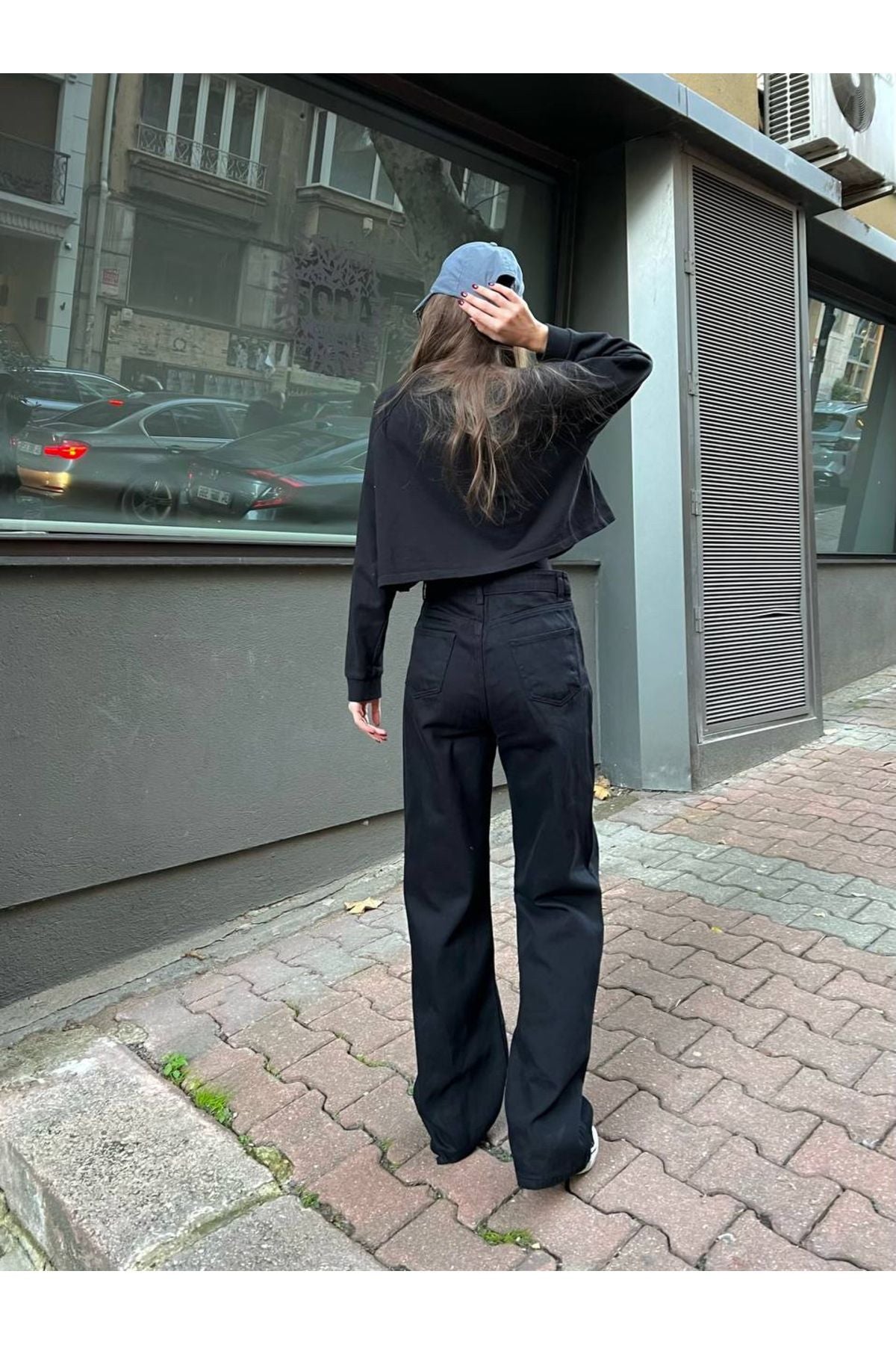 Aec Prive kadın geniş paça jean, şık görünüm için sokak stilinde giyilen siyah pantolon