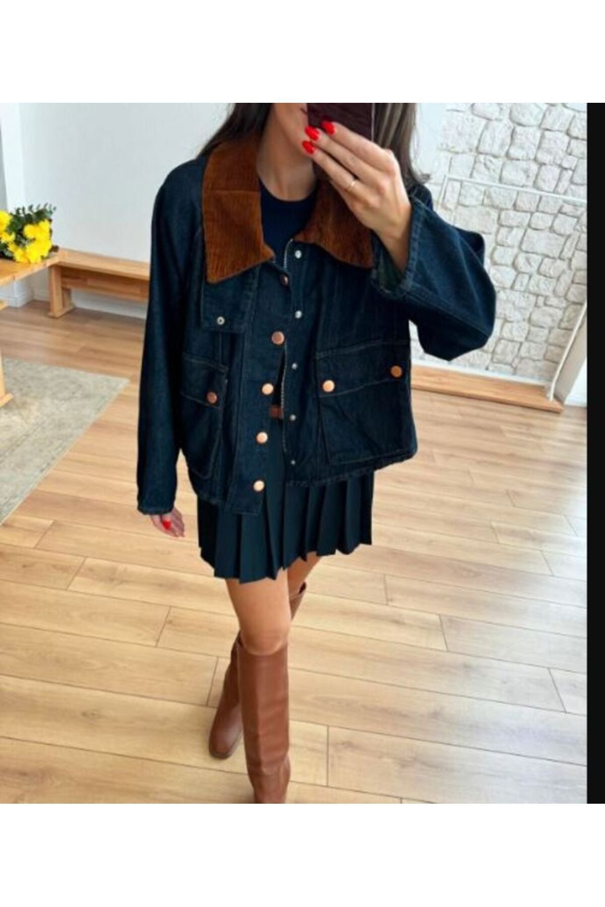 Aec Prive kadın kadi yaka kot ceket, kahverengi yaka detayları ile şık bir seçim